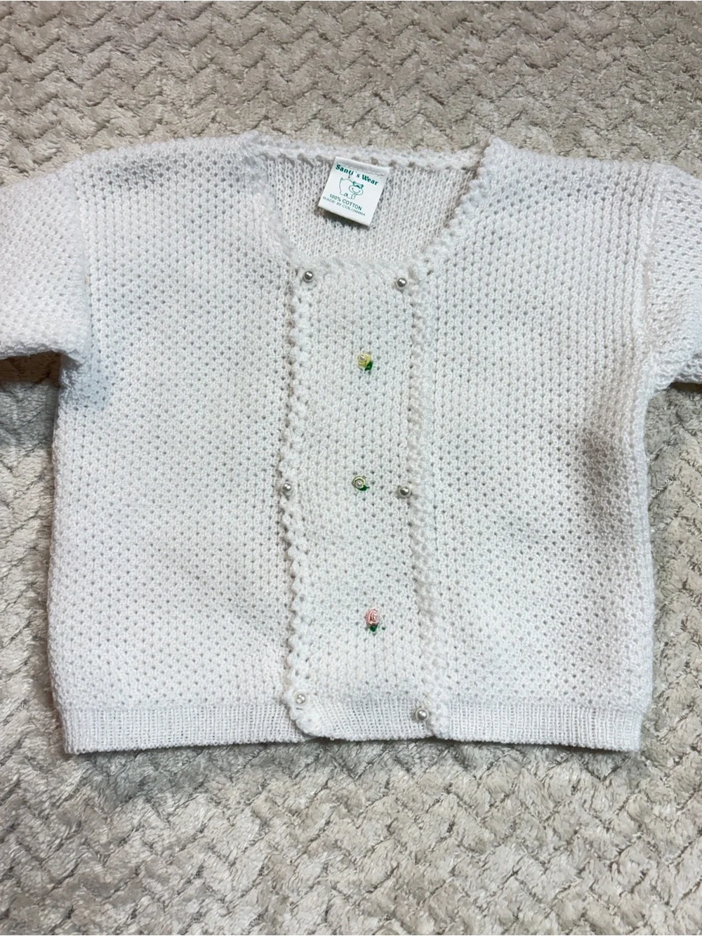 2 pc Baby Girl Outfit Set: 3M OshKosh Floral Overall Dress White Knit Cardigan